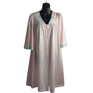 Vintage Lorraine Pink Mint Green  Nightgown / Robe Embroidered Floral Nylon Sz L